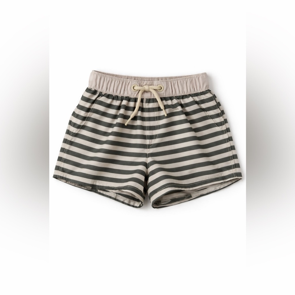 Size 12 Months - Striped Drawstring Shorts in Olive & Cream